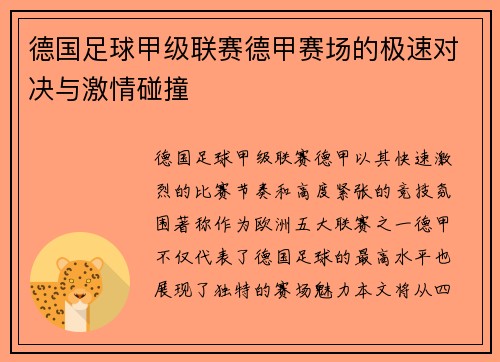 德国足球甲级联赛德甲赛场的极速对决与激情碰撞