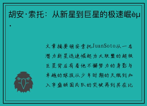 胡安·索托：从新星到巨星的极速崛起